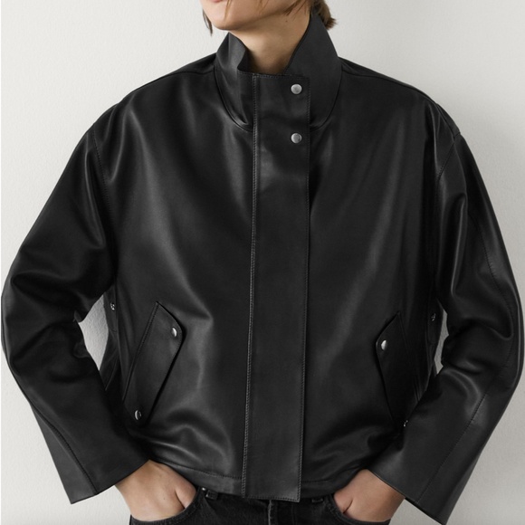 MASSIMO DUTTI Leather Woman Bomber Jacket Black Small GOLD Hardware - Picture 1 of 10